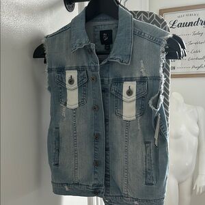 Distressed Denim Vest with White Accents